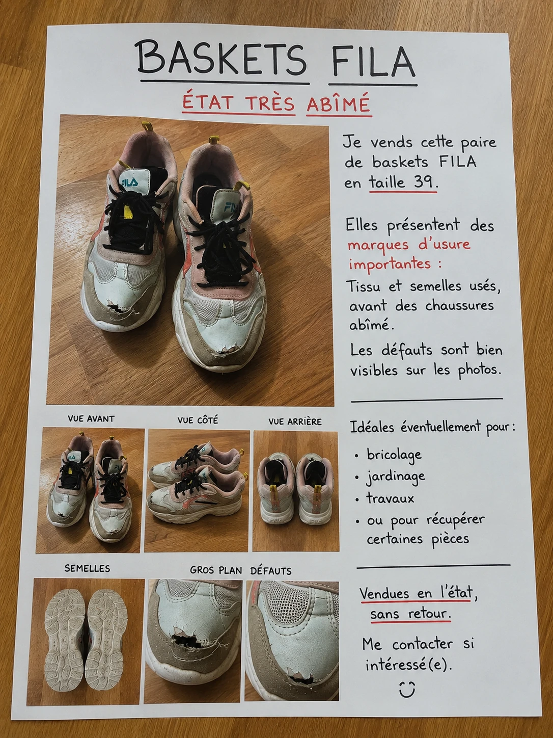 Photo de 👟 Baskets FILA – taille 39 – état très abîmé